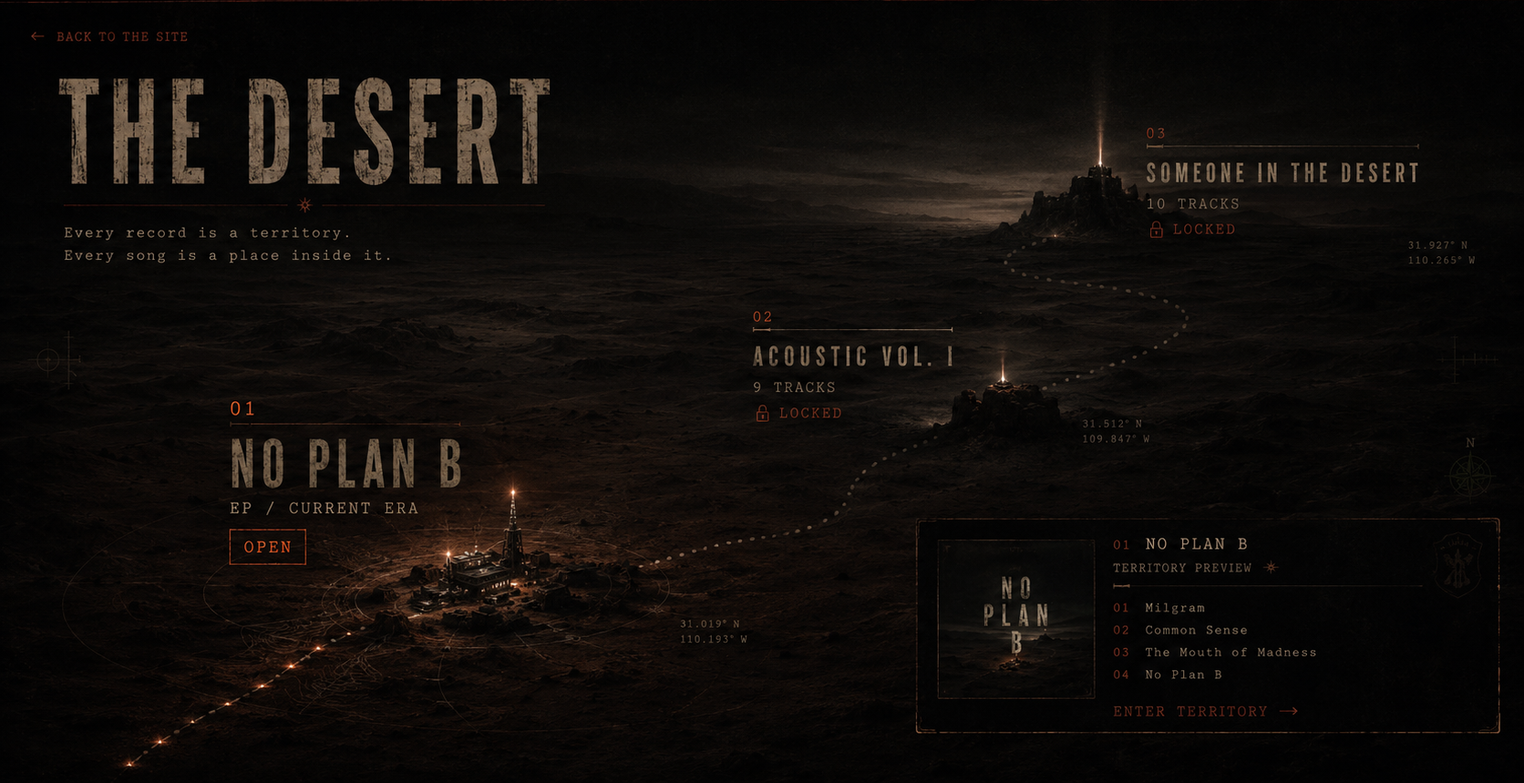 The Desert map showing No Plan B open, Acoustic Vol. I locked, and Someone in the Desert album locked