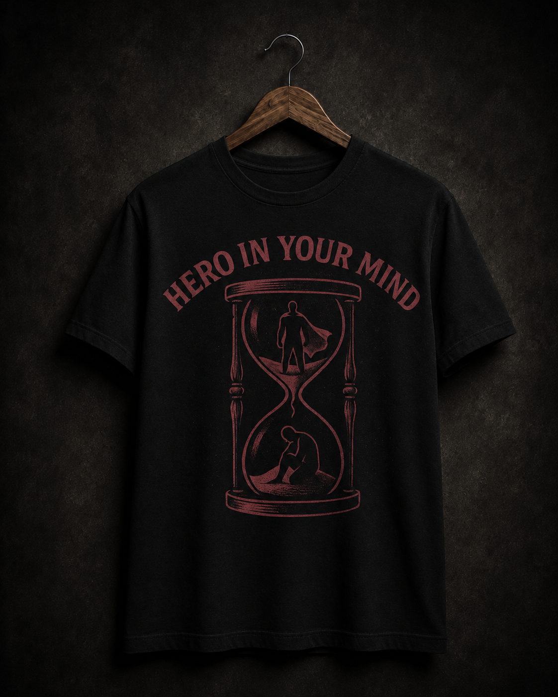 Hero in Your Mind T-shirt on a wooden hanger