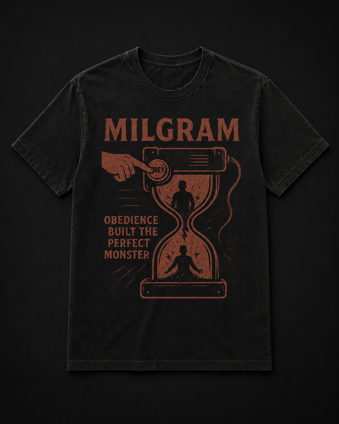Milgram T-shirt on a wooden hanger